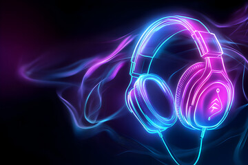 Neon outline of a headset with microphone icon surrounded by glowing light trails on black background.