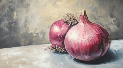 A still life painting of two red onions against a textured background.