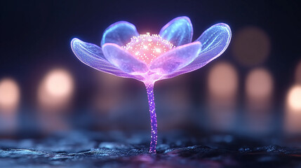 Poster - glowing flower emerges from serene surface, radiating vibrant colors and ethereal light. This enchanting scene captures beauty of nature and magic of illumination