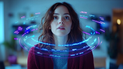 Poster - woman gazes in awe at floating digital data, immersed in futuristic environment. serene moment captures her curiosity and wonder as she interacts with virtual world around her