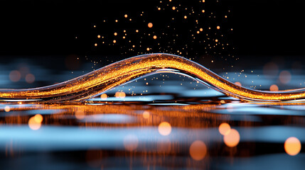 Poster - mesmerizing wave of liquid glistens with golden sparkles, creating captivating visual effect against dark background. interplay of light and water evokes sense of tranquility and beauty