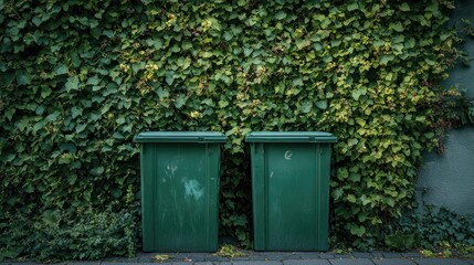 Two green trash bins against a backdrop of lush ivy on a wall.