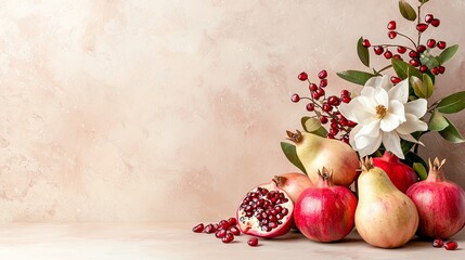 Wall Mural - Creative composition of pomegranates and pears on a soft pastel background, bold colors, and delicate design