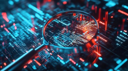 Data analysis concept with magnifying glass, digital data search, binary code investigation, information technology, cybersecurity research, virtual data inspection, digital forensic analysis