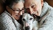 © Maria Starus - Elderly couple lovingly cuddles with their dog, sharing warmth and happiness, AI