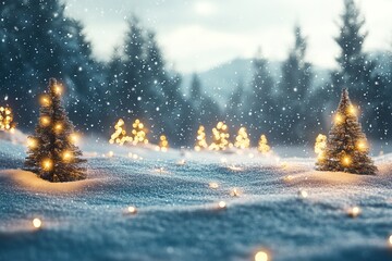 snowy landscape with lit christmas trees and falling snowflakes.
