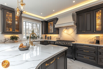 A modern kitchen with white marble countertops that gently curved, flowing in harmony with the room overall architecture.