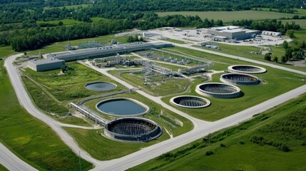 Aerial view of a wastewater treatment facility with multiple treatment tanks and surrounding greenery.