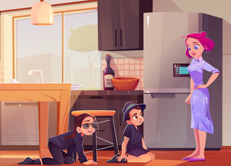 Mother catch detective kid in kitchen under table and smiling. Boy spy agent with girl investigator in sunglasses at home near fridge on floor. Cute family scene and modern interior game environment