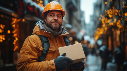 construction worker on a building site. He is wearing a hard hat and holding a Christmas card in his hand