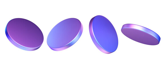 Wall Mural - 3d hologram coins. geometric clean pedestal, disk, techno tablets set. futuristic gradient elements,