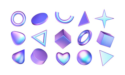 Set of 3d geometric shapes with metal hologram effect. Chrome glossy circles, cubes, triangles, star, blob, cylinder. Neon gradient cartoon futuristic objects. Vector cartoon y3k illustration.