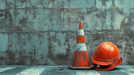 A construction scene featuring an orange traffic cone and a hard hat against a textured wall.