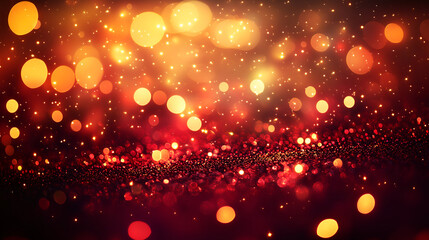 Red and gold glittering background with bokeh lights. Abstract dark red and golden Christmas or wedding backdrop. 