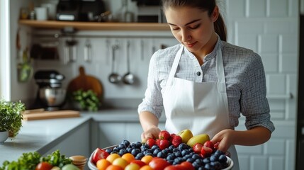 Woman in a kitchen apron holding a bowl of fresh fruit.