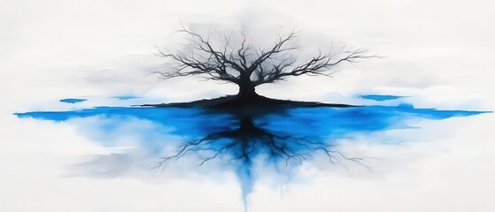 Canvas Print - Watercolor Painting of a Tree Reflected in Water.