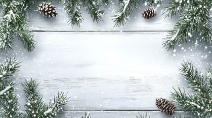 Wall Mural - christmas and new year background with fir branches and snowfall on wooden white board
