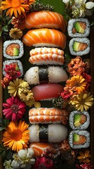 A vibrant arrangement of assorted sushi rolls and sashimi, garnished with colorful flowers, creating a delightful and appetizing presentation.