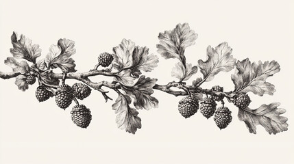 a detailed drawing of an oak branch with acorns. the style is like an old-fashioned engraved picture