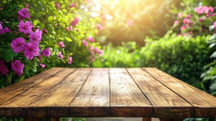 Wooden Table With Pink Flowers and Green Blurred Background.