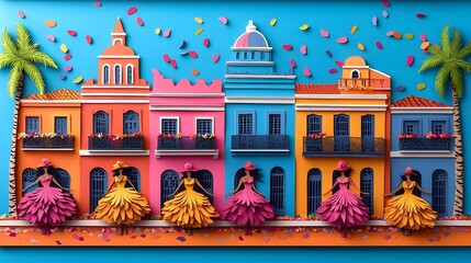 Papercut artwork showcasing Rio Carnival parade, with dancers in vibrant costumes, confetti-filled streets, and bright festive floats