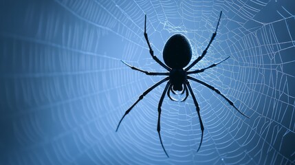 A large spider sits in the center of its web, a dark silhouette against a blue background.
