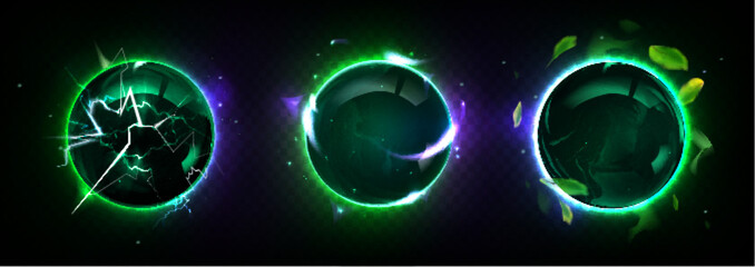 Wall Mural - Green and purple magic glowing balls with light effect. Realistic 3d vector illustration set of fantasy power sphere with thunderbolt and fire flames, plasma and sparkles. Fantasy lightening orb.