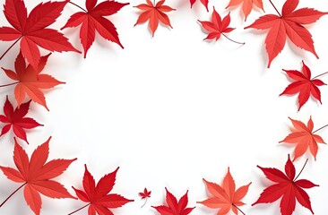Wall Mural - Bright red maple leaves creating an elegant border with copy space on a clean white background