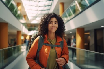 A young attractive female with curly hair walks confidently through a modern indoor space with natural light