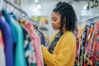 © Luxetify - Young woman shopping for clothes in a store, looking at a rack of colorful clothing.