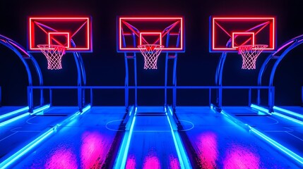 A photograph of a high tech basketball stadium filled with glowing neon holograms of players performing dynamic slam dunk moves creating an immersive and futuristic sporting event atmosphere