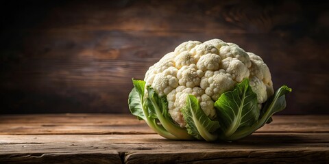 Wall Mural - A single, whole cauliflower rests on a worn wooden surface, the pale florets illuminated by an unseen light source.