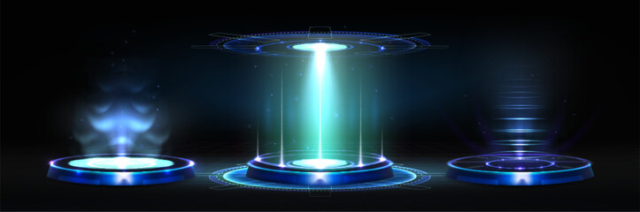 Wall Mural - Futuristic hi tech portal with blue neon light glow effect for game ui design. Realistic 3d vector illustration set of cyberpunk teleport platform with hologram beams. Round technology podium.
