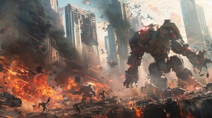 Robots fight with monsters in destroyed space, background explosions due to battle, realistic effects HD images