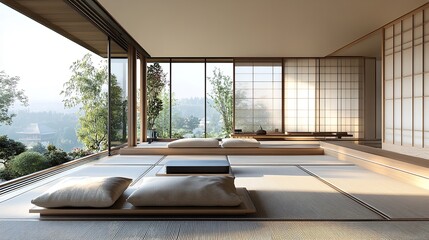 Wall Mural - Modern living room with a minimalist Japandi-inspired interior design.