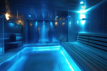 A blue lit indoor swimming pool with benches, perfect for aquatic activities or relaxation