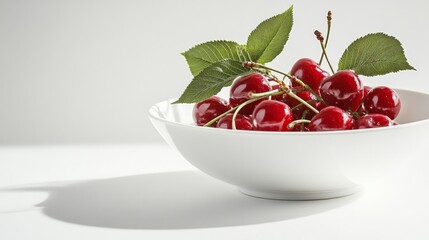 Wall Mural - A white bowl filled with ripe red cherries and green leaves against a white background.