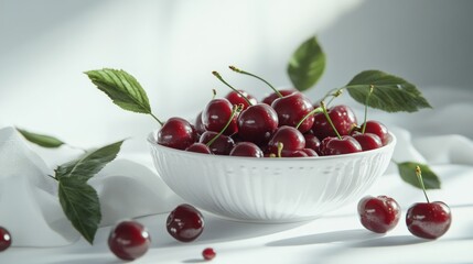 Wall Mural - A white bowl filled with ripe red cherries, with some cherries scattered around the bowl and green leaves.