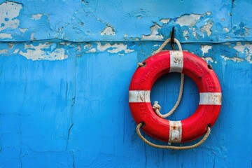 A life ring hangs on a blue wall with a simple white background