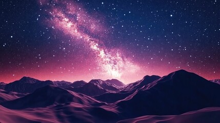 Wall Mural - Colorful night landscape featuring a 3D cartoon rendering of the Milky Way and pink light illuminating mountains Starry sky with summer hills Beautiful universe and space background with galaxy Tr