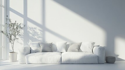 Sticker - Modern white interior design featuring a sofa in a Scandinavian style 3D rendering