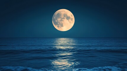 A serene night scene featuring a full moon reflecting on calm ocean waves under a dark blue sky.