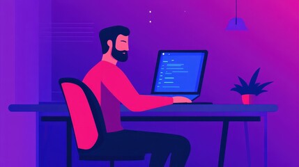 a focused man coding on a laptop in a vibrant workspace, surrounded by ambient lighting and a small 