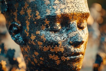 A close-up view of a person's head composed of puzzle pieces, great for illustration and design concepts