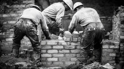 Group of men constructing a brick wall, possibly for construction or renovation project