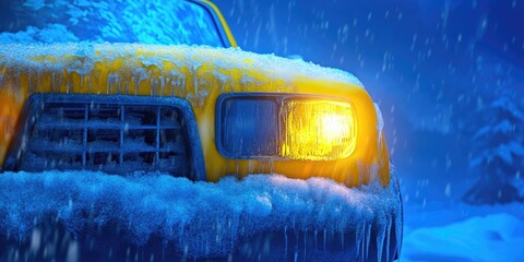 Close-up of a frozen headlight on a yellow vehicle surrounded by snow, Frozen headlight on a yellow vehicle in snow