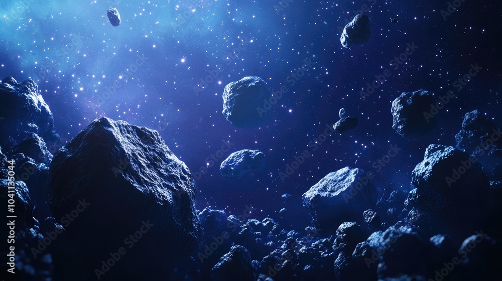 3D cartoon illustration of a dark outer space asteroid belt featuring ...