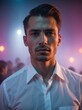 © SamMelk - Serious Man in White Shirt with Intense Expression in Neon Lighting