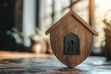 A wooden house-shaped key holder with a keyhole emblem, beautifully lit by sunlight in a cozy indoor setting