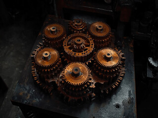 Creative Overhead View Of A Steampunk-Themed Arrangement Of Various Cogs And Tools On A Dark Wooden Surface, Emphasizing The Artistry In Mechanical Design